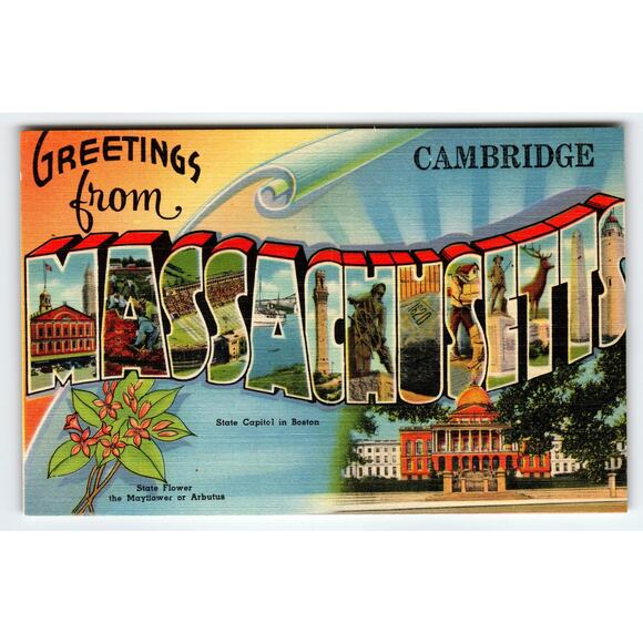 Vintage 1947 Greetings From Massachusetts Linen Postcard Cambridge Large Letter - Picture 1 of 2